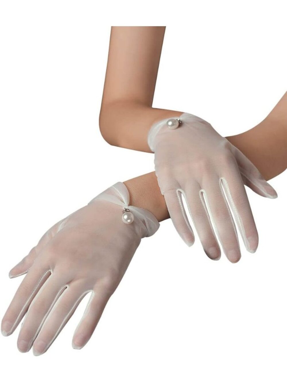 Women's Ivory Pearl Accent Wrist Length Halloween Party Stretchy Lace Gloves